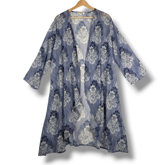 Fly Curvy Tops - Fly Curvy Kimono Cover Up 2XL Blue White Floral Plus Size Cover-up